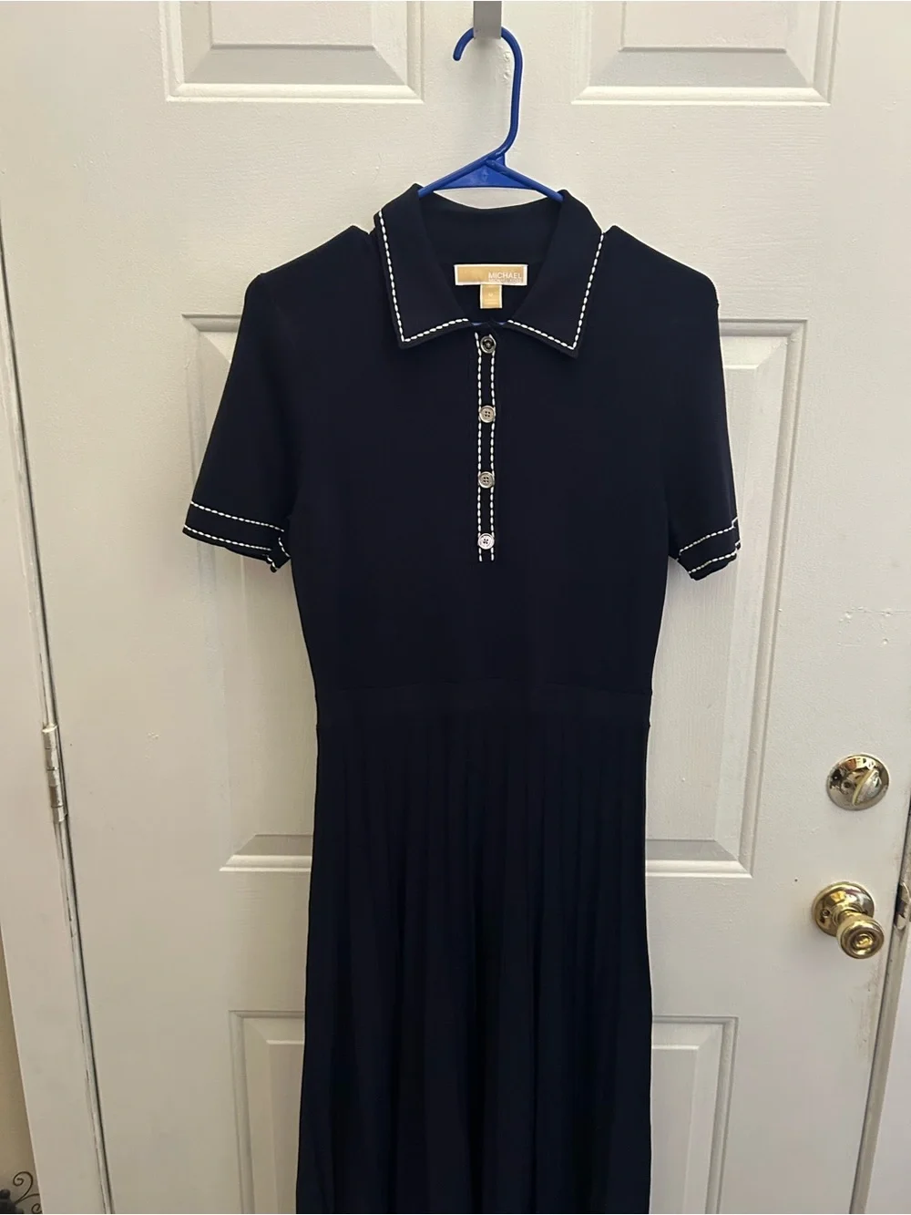 Michael Kors Navy Polo Knit Midi pleated Dress with White Contrast Stitching